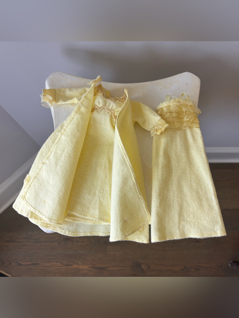 Vintage barbie doll yellow bow nightgown, dress, Robe/Long Coat Outfit Set